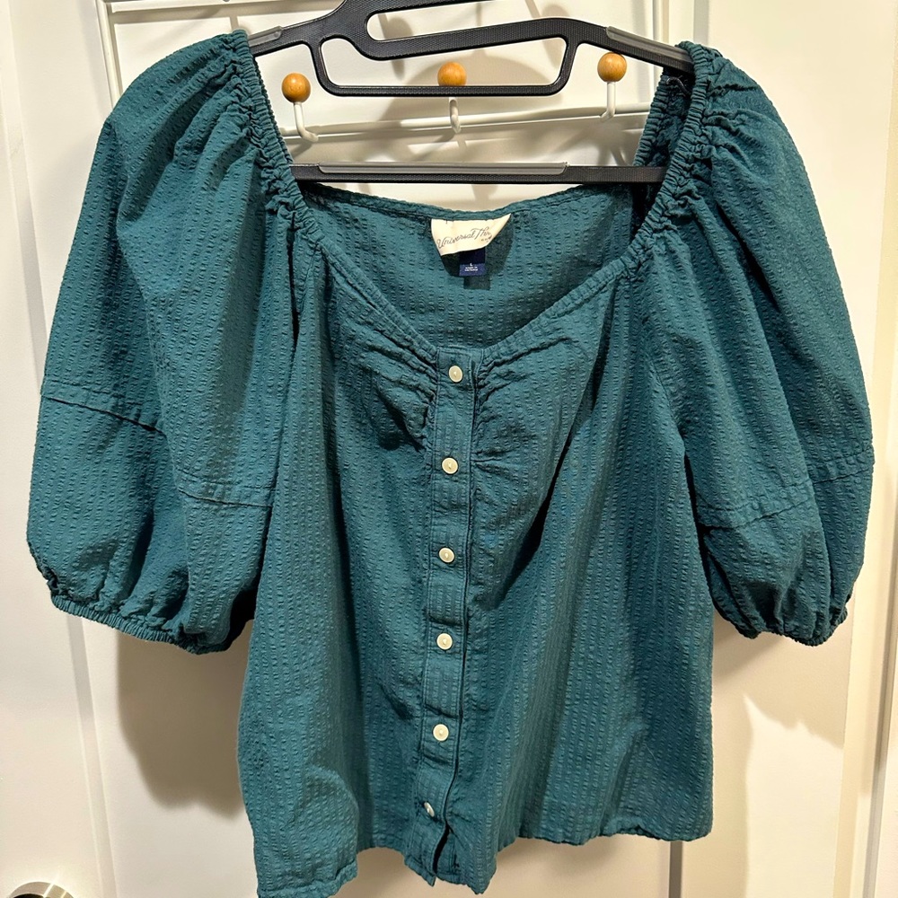 Universal Thread Puff Sleeve Shirt in Dark Blue/Green - Large